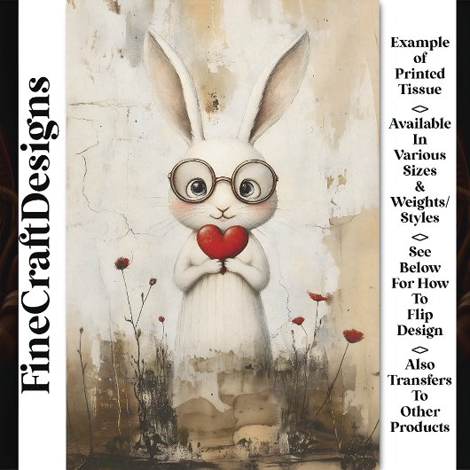 Papier Mousseline Lapin blanc, lunettes et un coeur rouge BY2 Découp