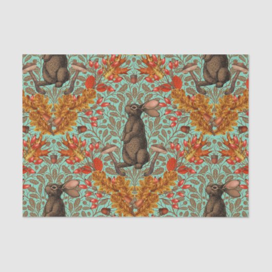 Papier Mousseline Lapin d'automne sur vert clair (Recto)
