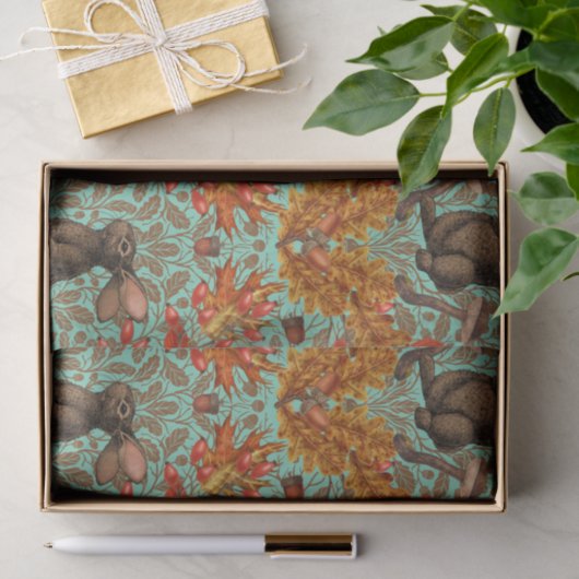 Papier Mousseline Lapin d'automne sur vert clair (Cadeau)