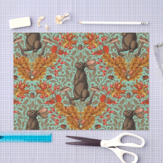 Papier Mousseline Lapin d'automne sur vert clair (Artisanat)