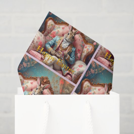 Papier Mousseline Lapin élégant buvant du thé Joyeuses Pâques (Sac cadeau)