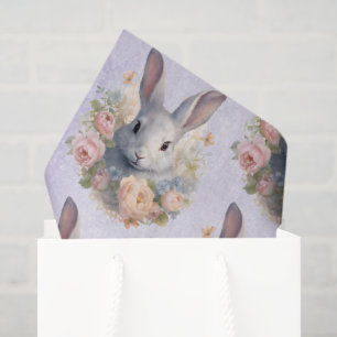 Papier Mousseline Lapin entouré de fleurs pastel, joli motif
