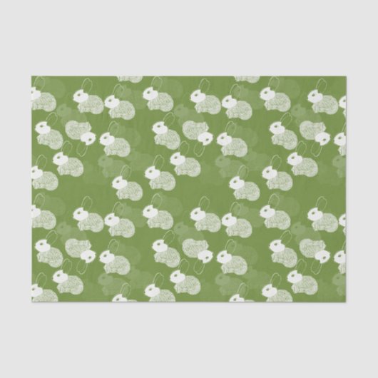 Papier Mousseline Lapins blancs bouffants sur vert (Recto)