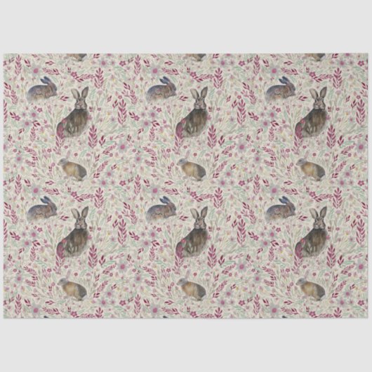 Papier Mousseline Lapins Dans Le Jardin Fleurs Roses (Recto)