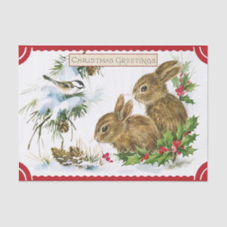 Papier Mousseline Lapins de Noël de style vintage avec ami d'oiseaux