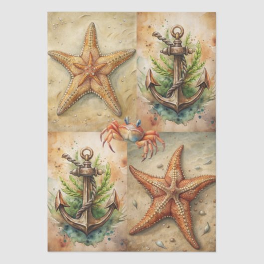 Papier Mousseline Large Scenic Starfish, Anchors & Crab Decoupage (Recto)