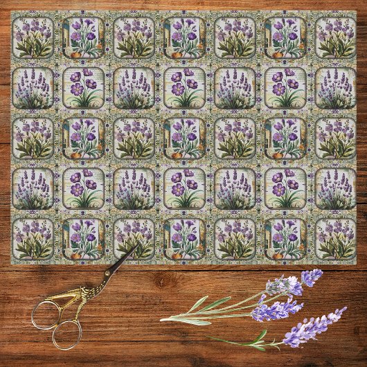 Papier Mousseline Lavande vintage Fleurs violettes Mosaïque botaniqu