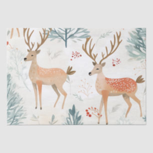 Papier Mousseline Le Cerf D'Aquarelle En Forêt D'Hiver Noël