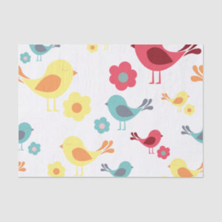 Papier Mousseline le motif des oiseaux vintages - rose, bleu, jaune,