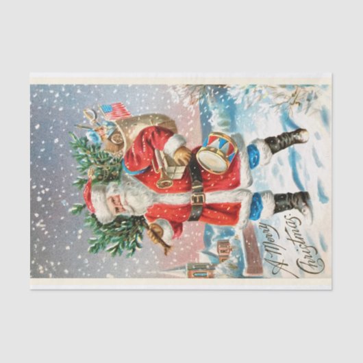 Papier Mousseline Le Père Noël neigé avec l'arbre de Noël présente (Recto)