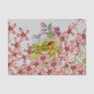 Papier Mousseline Le rose vintage fleurit le pois rouge d'oiseau