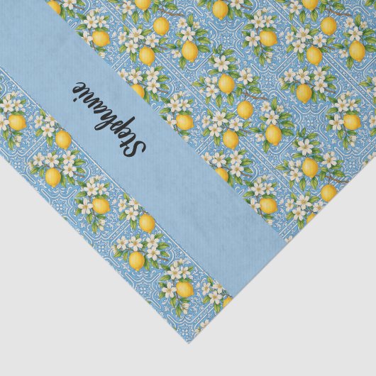 Papier Mousseline Lemon Citrus Blue Tile Pattern Monogram Name (Détail)
