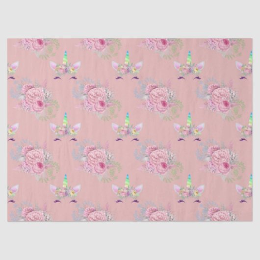 Papier Mousseline Les visages de Unicorne avec des fleurs roses sur (Recto)