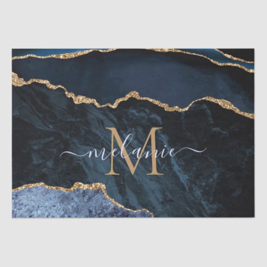 Papier Mousseline LETTRE MARBRE Bleu Or Nom Papier Tissu (Recto)