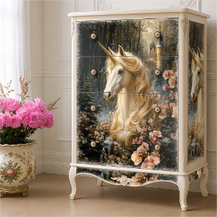 Papier Mousseline Licorne blanche avec orchidées roses Fantaisie d'h