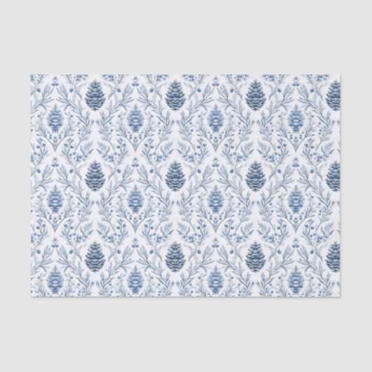 Papier Mousseline Light Blue & White Damask with Pine Cones (Recto)