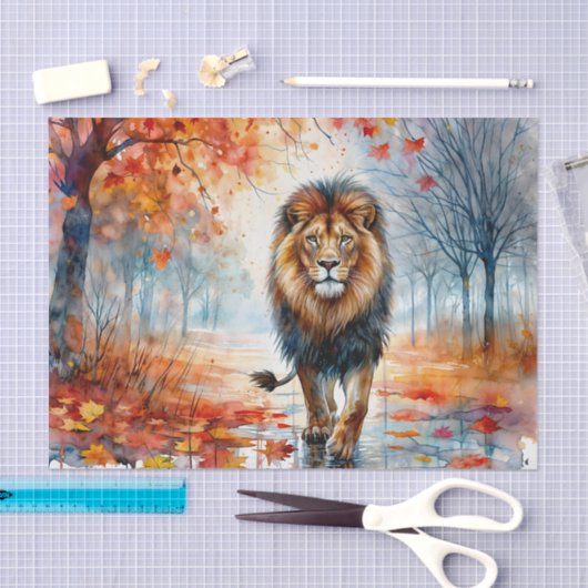 Papier Mousseline Lion Marcher Dans L'Aquarelle Automne (Artisanat)