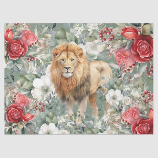 Papier Mousseline Lion, Roses Rouges et Eucalyptus Découpage (Recto)