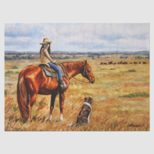 Papier Mousseline Little Cowgirl on Cattle Horse
