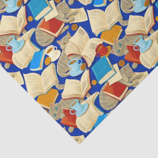 Papier Mousseline Livres et chats en bleu (Détail)