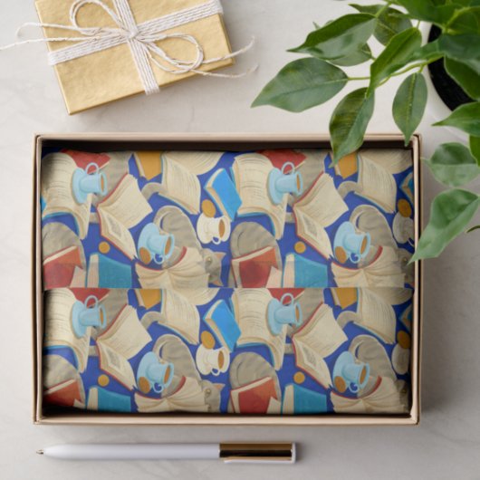 Papier Mousseline Livres et chats en bleu (Cadeau)