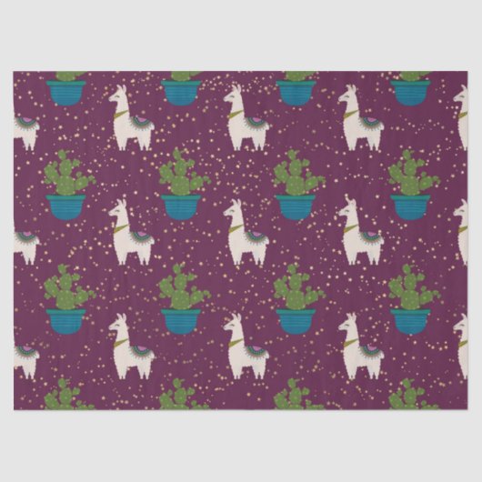 Papier Mousseline Llama, Catcus et Etoiles sur la page pourpre (Recto)