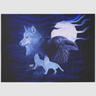 Papier Mousseline Loups et corbeau avec pleine lune