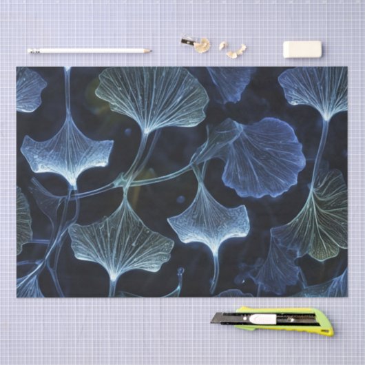 Papier Mousseline Luminogramme bleu Ginkgo Découpage Feuilles / (Artisanat)