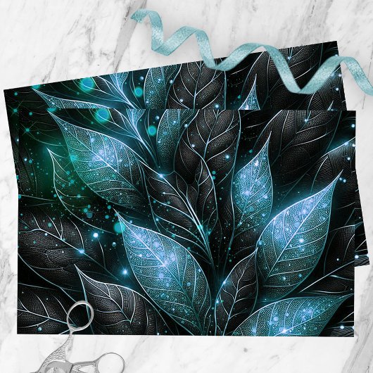 Papier Mousseline Luxe Sophistiqué Turquoise Noir Foliage brillant