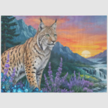 Lynx au lever du soleil par cascade