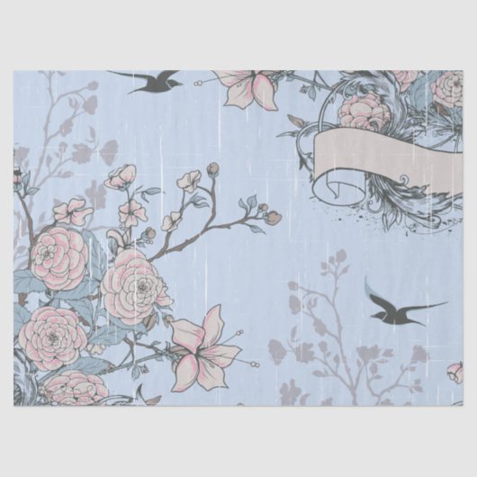 Papier Mousseline Lys rose asiatique et Roses en bleu (Recto)