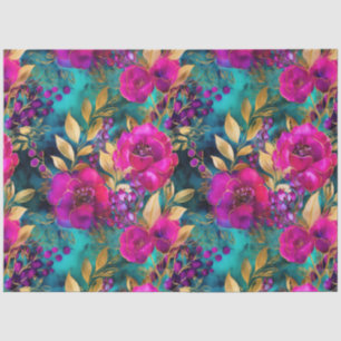 Papier Mousseline Magenta Floral Or Feuilles Dorées et Botanique Sar