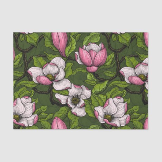 Papier Mousseline Magnolia en floraison sur vert foncé (Recto)