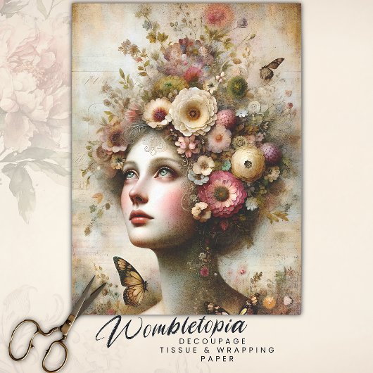 Papier Mousseline Maiden floral rose blanc, Découpage antique