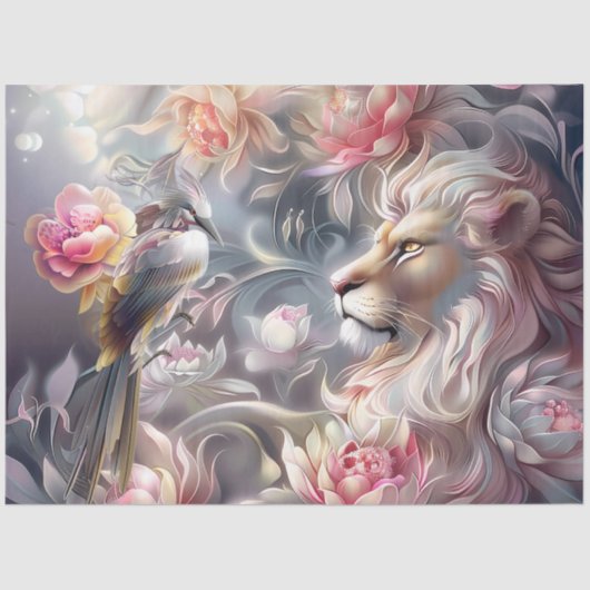 Papier Mousseline Majestic Elegant Floral Lion Head & Bird (Recto)