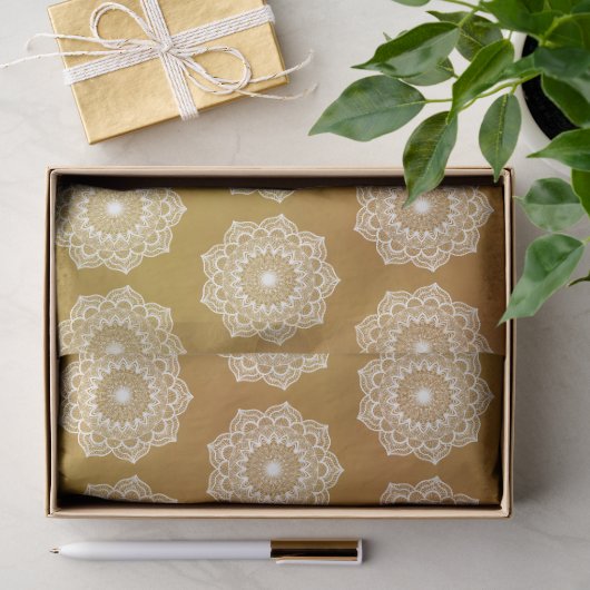 Papier Mousseline Mandala blanc sur fond doré (Cadeau)