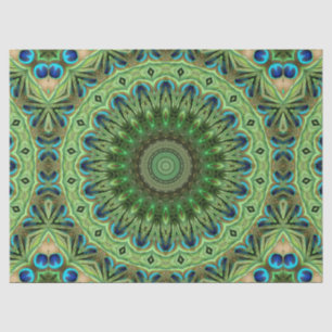 Papier Mousseline Mandala de plume de paon Symétrie émeraude et bleu