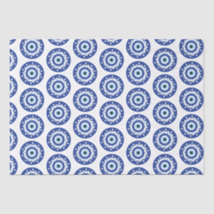 Papier Mousseline Mandala Grec Mal Eye Motif Bleu Blanc