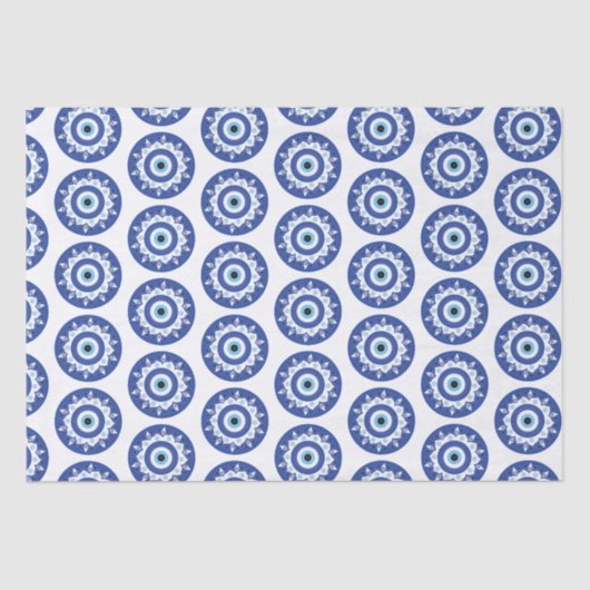 Papier Mousseline Mandala Grec Mal Eye Motif Bleu Blanc (Recto)