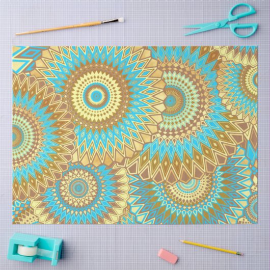 Papier Mousseline Mandala superposé bleu marron or (Artisanat)