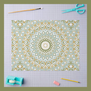 Papier Mousseline Mandala Terrien en Vert, Or et Bleu Clair