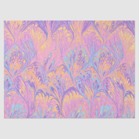 PAPIER MOUSSELINE MARBLED PAPER,ABSTRACT PINK BLUE PEACOCK PATTERN (Recto)