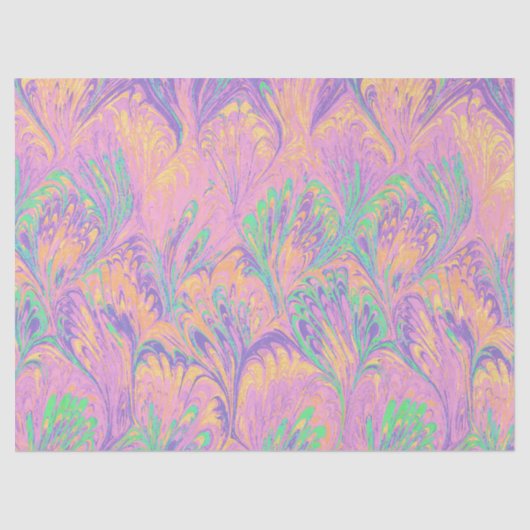 PAPIER MOUSSELINE MARBLED PAPER,ABSTRACT PINK GREEN PEACOCK PATTERN (Recto)