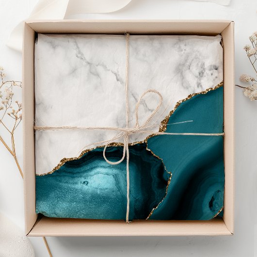 Papier Mousseline Marbre blanc doré Turquoise Bleu Agate