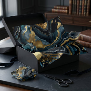 Papier Mousseline Marbre d'agate bleu marine noir fausse or de luxe
