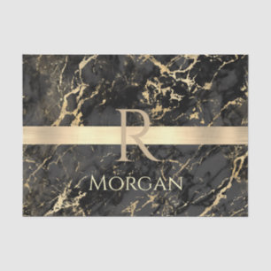 Papier Mousseline Marbre noir et or, Barre d'or, Nom et Monogramme