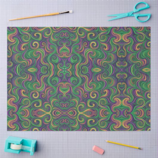 Papier Mousseline Mardi Gras vert violet tourbillonne abstrait (Artisanat)