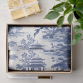 Papier Mousseline Marine bleu Chinoiserie fleurs bâtiment château (Cadeau)