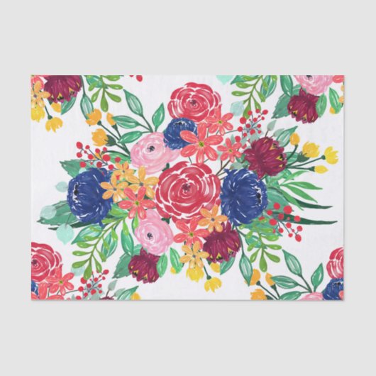 Papier Mousseline Marine bleu et rouge aquarelle boho chic Fleurs (Recto)