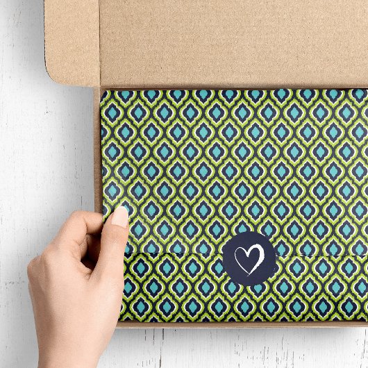 Papier Mousseline Marine Turquoise et Vert Ikat Marocain